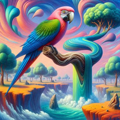 The primary subject of the image is a colorful parrot perched on a tree branch. The setting is a vibrant, artistic landscape with trees and a body of water. The visual style is a digital art or illustration, featuring a mix of colors and patterns. The overall atmosphere is lively and full of energy, reflecting the vivid colors and dynamic elements in the scene.